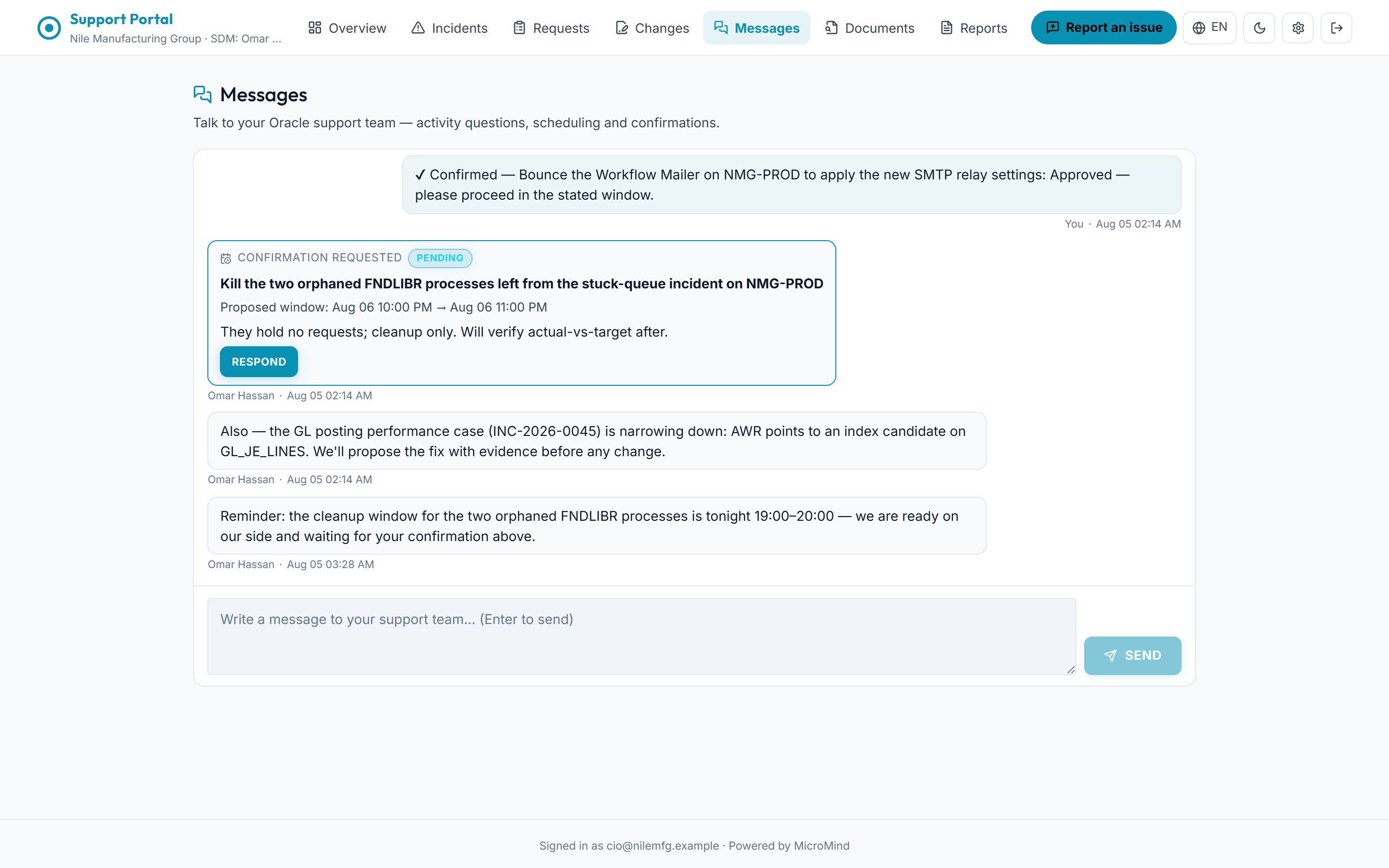 The OTeam portal messages view, showing a confirmation request recorded with the approver’s name and the time