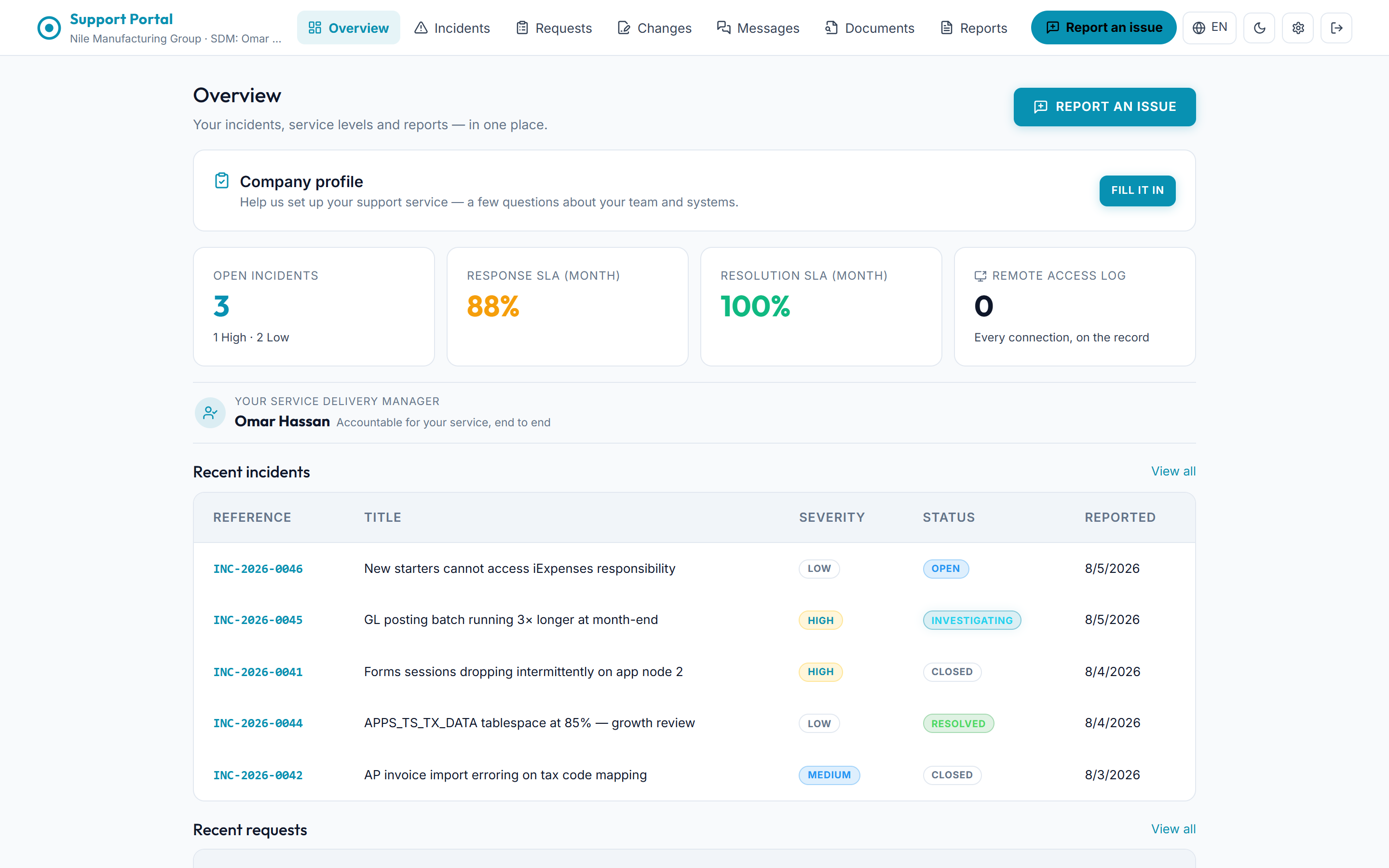 The OTeam client portal showing measured SLAs, live incidents and published reports in one place